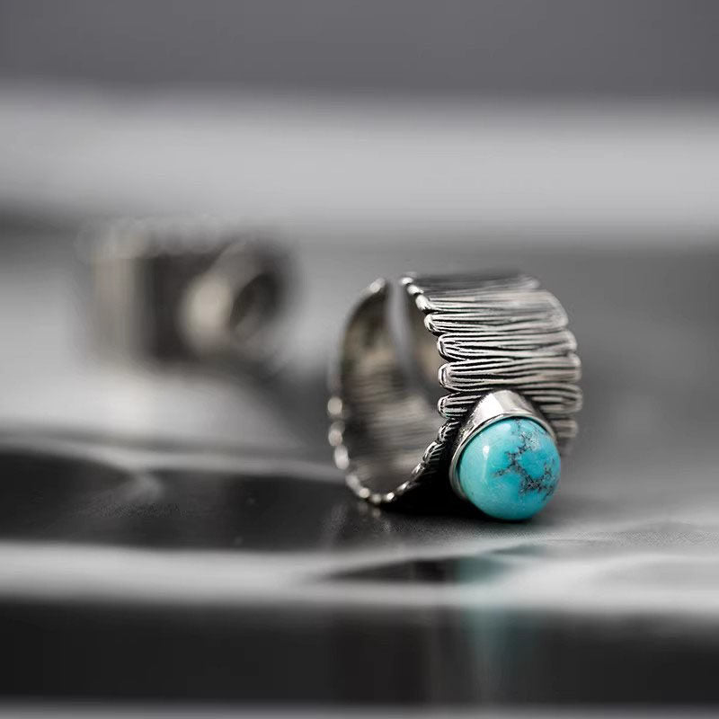 925 Sterling Silver Ring with Split-Band Fringe Adjustable Turquoise Open Ring
