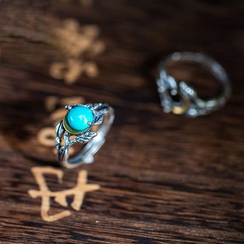 925 Sterling Silver Twig & Leaf Turquoise Open Ring