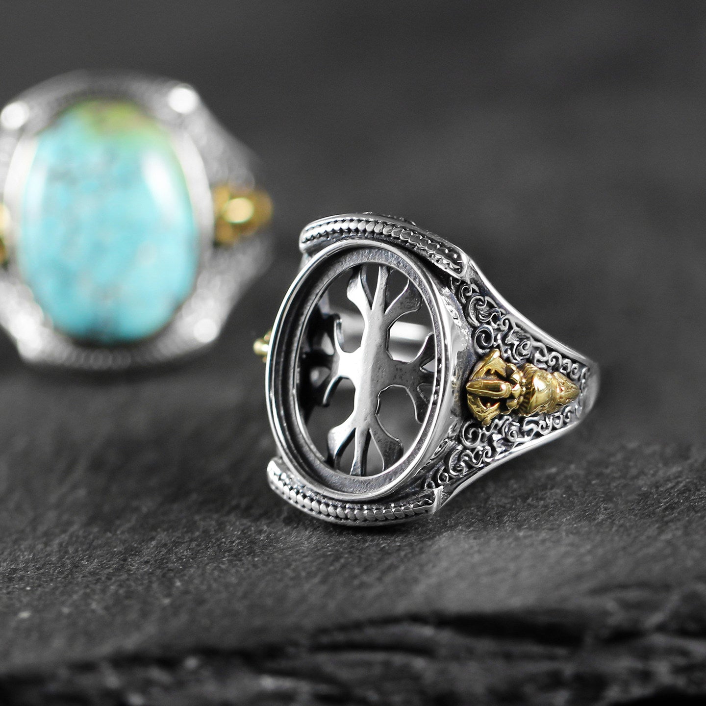 Vajra Turquoise 925 Sterling Silver Rotating Ring
