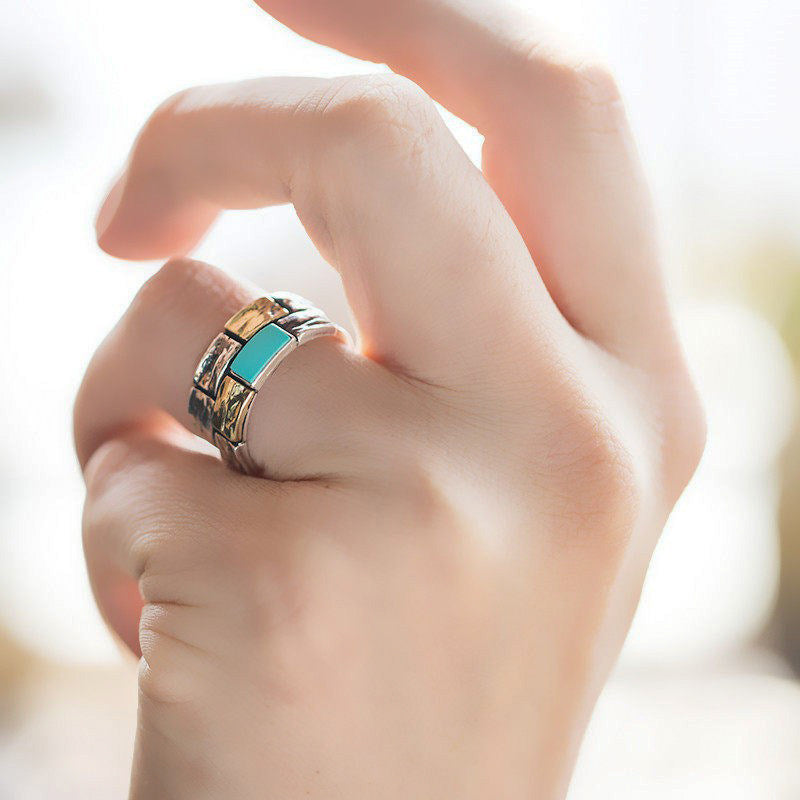 925 Sterling Silver Ring with Rectangular Turquoise and Copper Accent