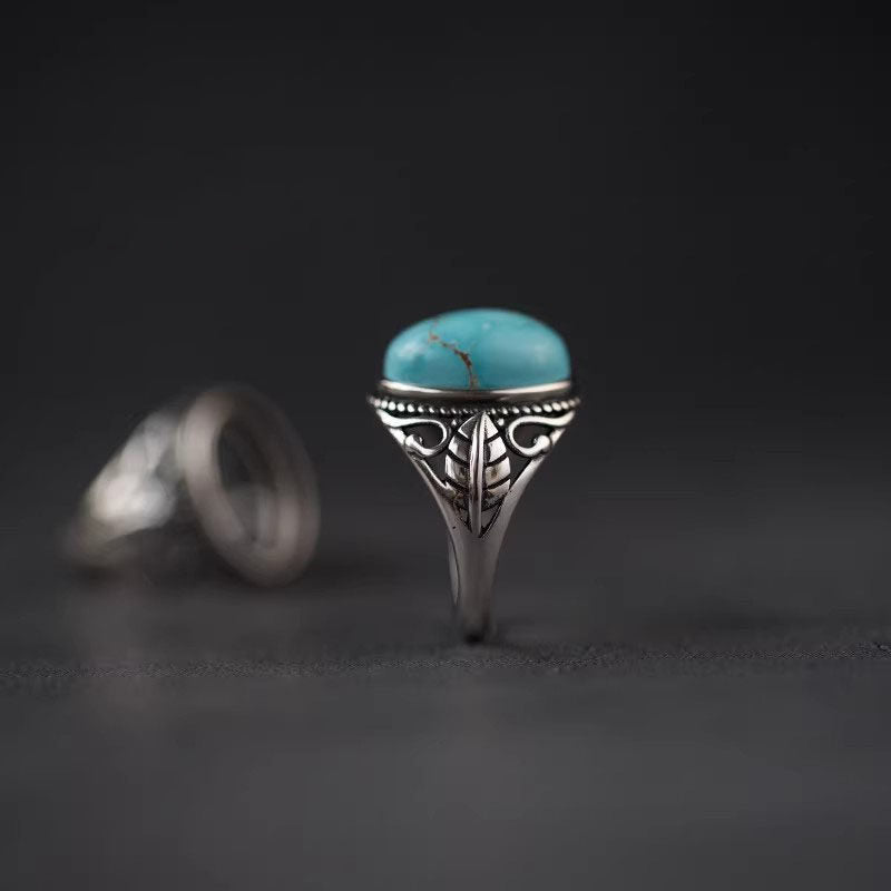 925 Sterling Silver Feather‑Leaf Turquoise Ring