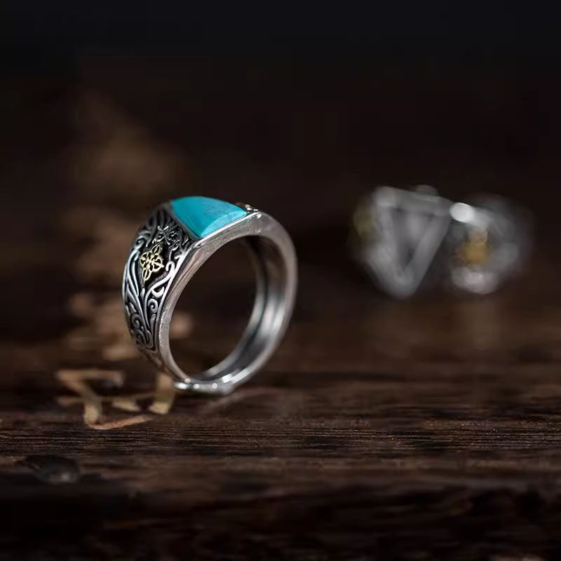 Floral Accent Two-Tone Turquoise Band 925 Sterling Silver Ring