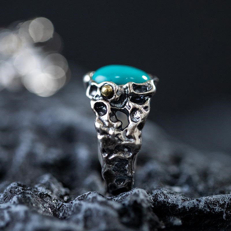 925 Sterling Silver Irregular Hollow Turquoise Statement Ring
