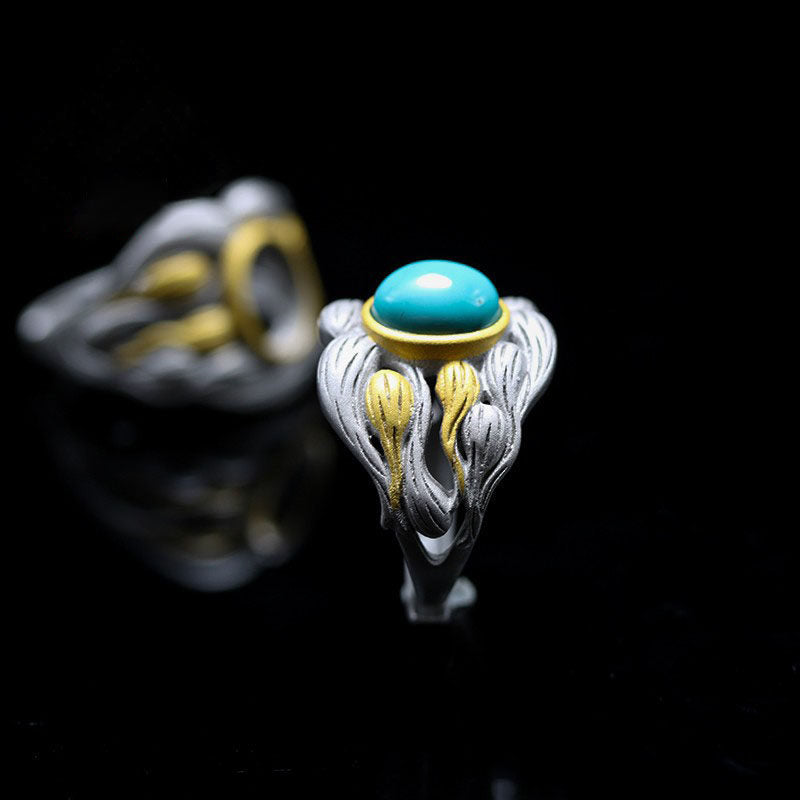 Oval Turquoise Copper Feather 925 Sterling Silver Ring