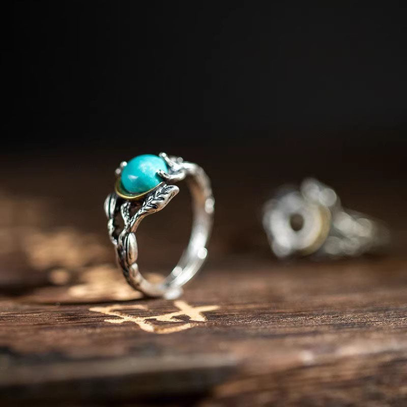 925 Sterling Silver Twig & Leaf Turquoise Open Ring