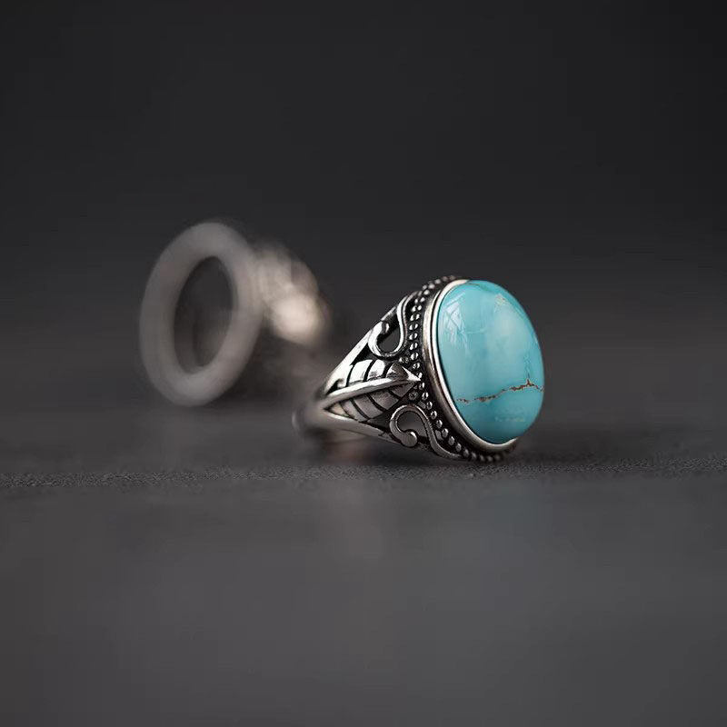 925 Sterling Silver Feather‑Leaf Turquoise Ring