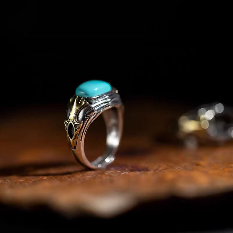 Antiqued Gothic Flame Turquoise Statement 925 Sterling Silver Ring