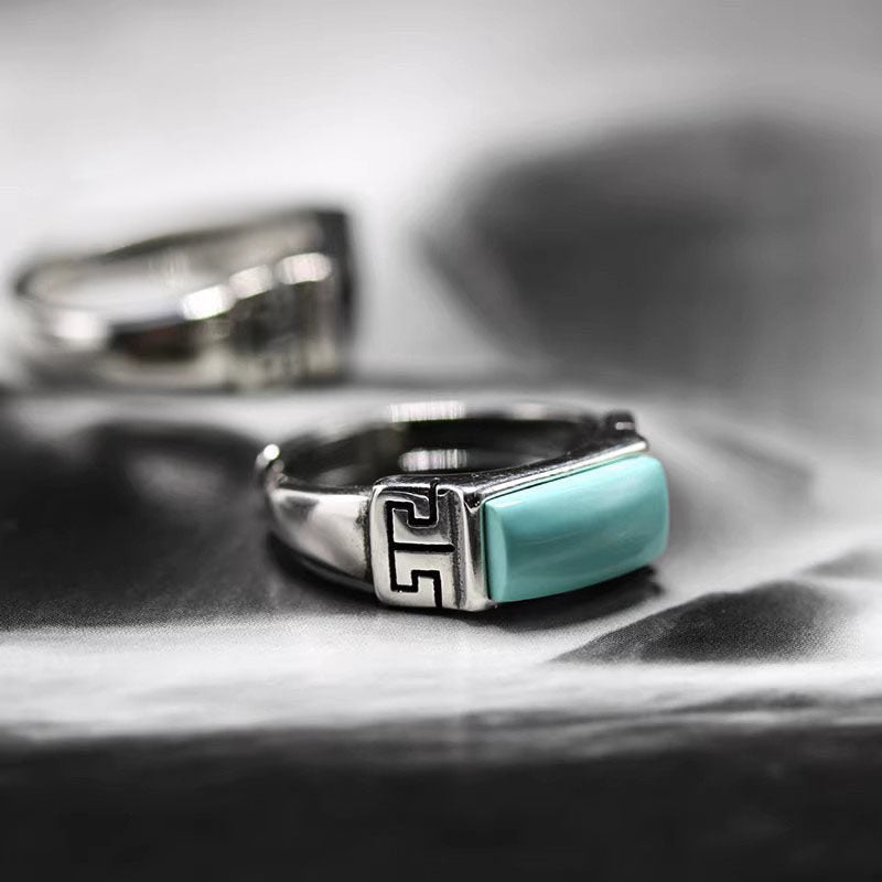 925 Sterling Silver Ring with Rectangular Turquoise and Greek Key