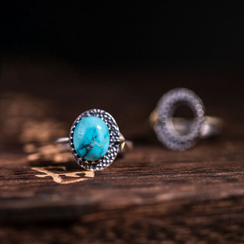 Star‑Accent Serrated Turquoise Ring 925 Sterling Silver