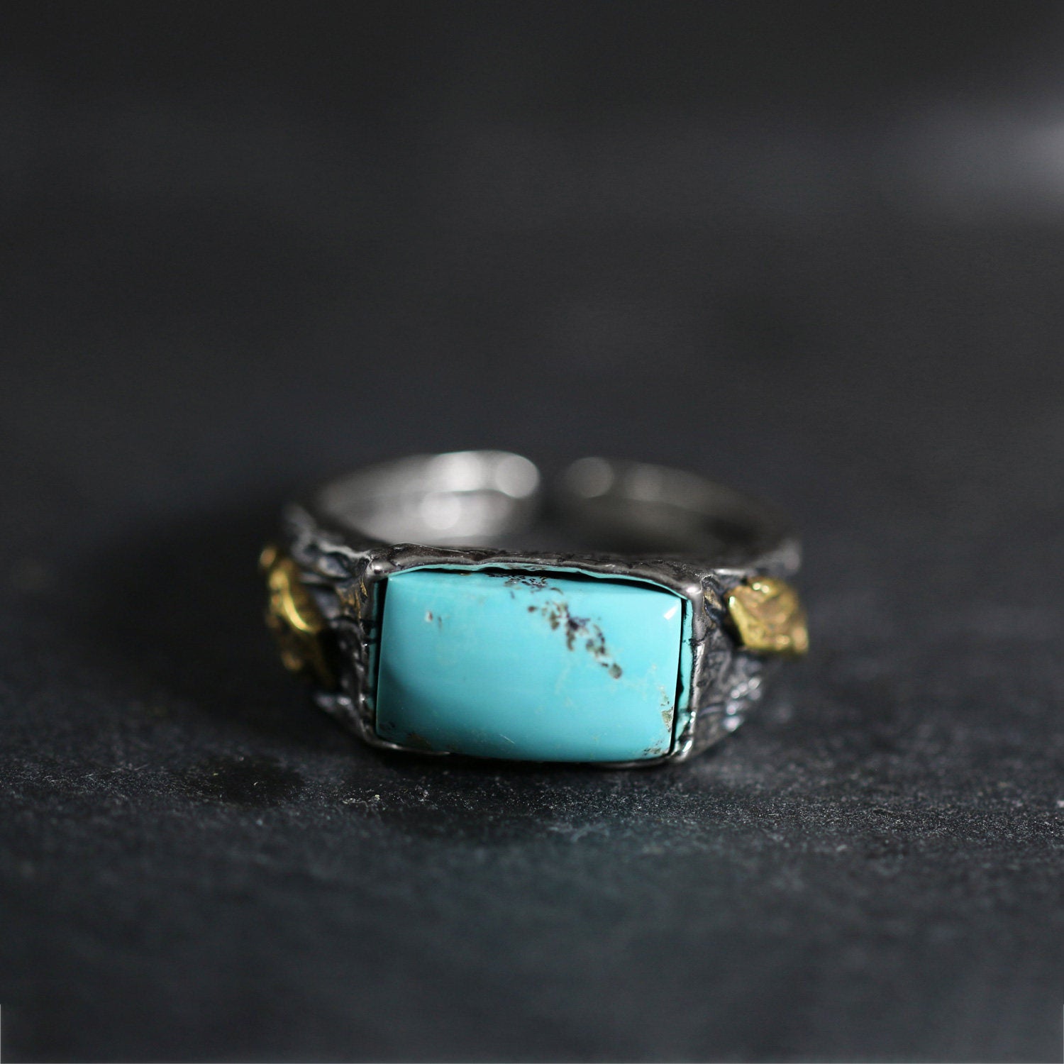 925 Sterling Silver Brass Accent Bark Texture Turquoise Ring