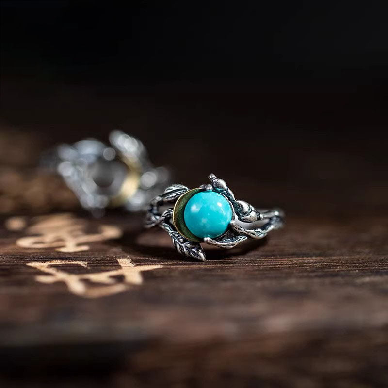 925 Sterling Silver Twig & Leaf Turquoise Open Ring