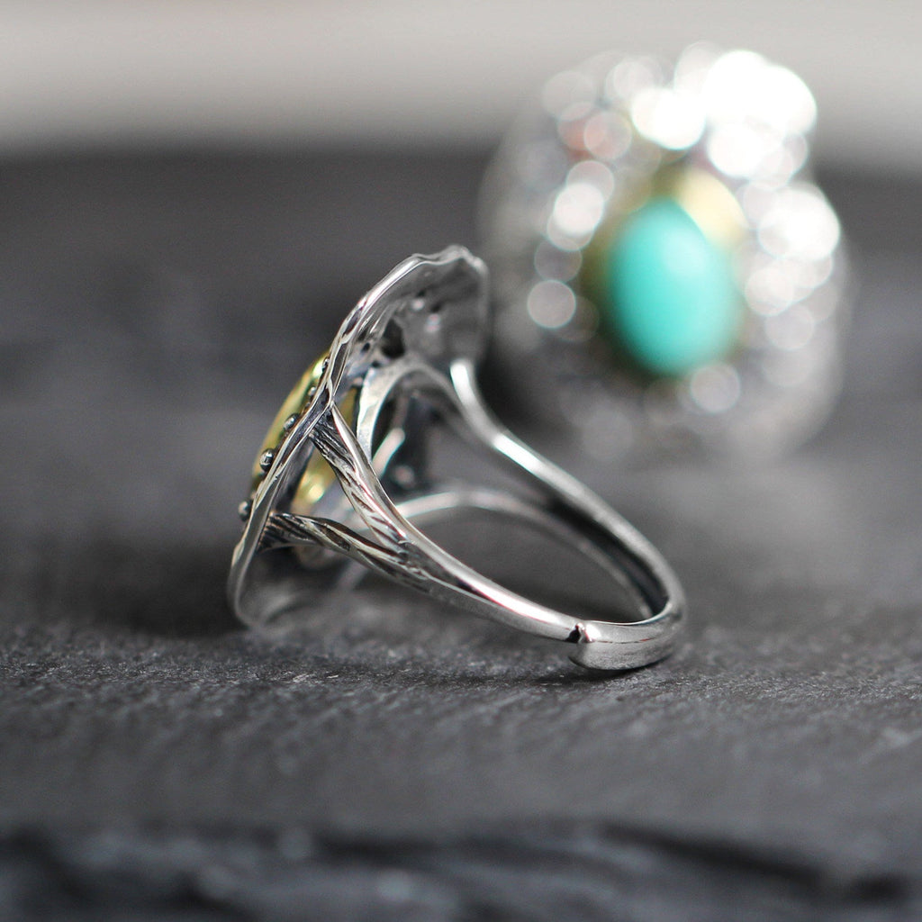 Antiqued Lava Texture Turquoise Statement 925 Sterling Silver Ring