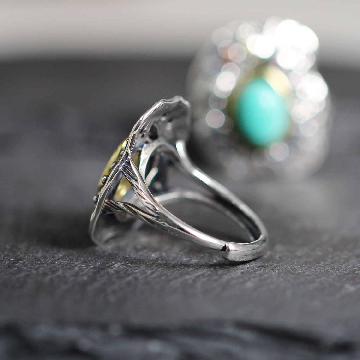 Antiqued Lava Texture Turquoise Statement 925 Sterling Silver Ring