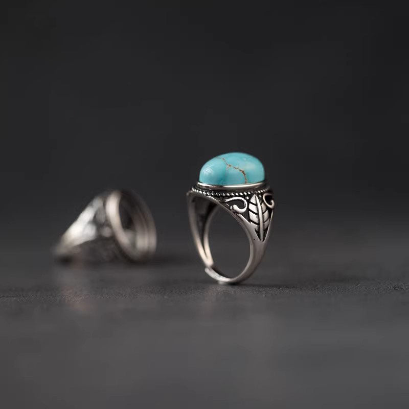 925 Sterling Silver Feather‑Leaf Turquoise Ring