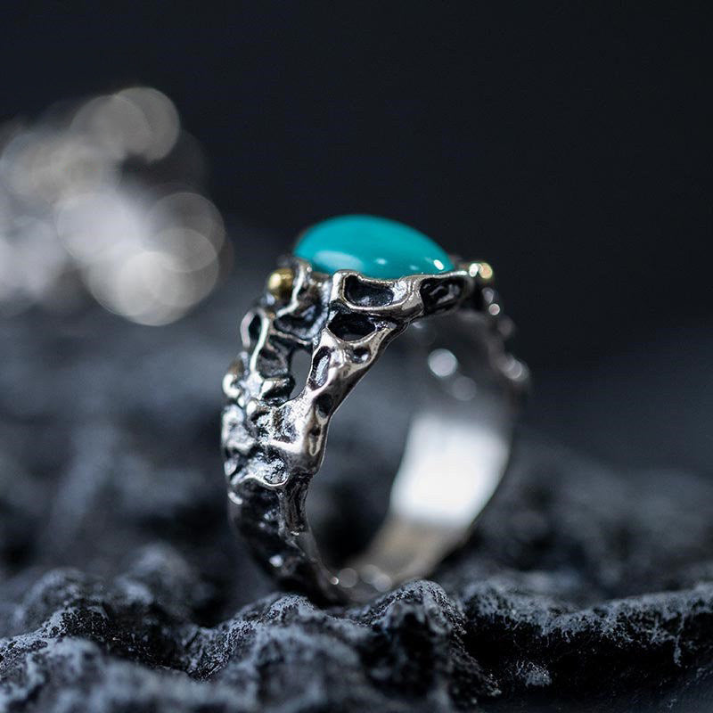 925 Sterling Silver Irregular Hollow Turquoise Statement Ring