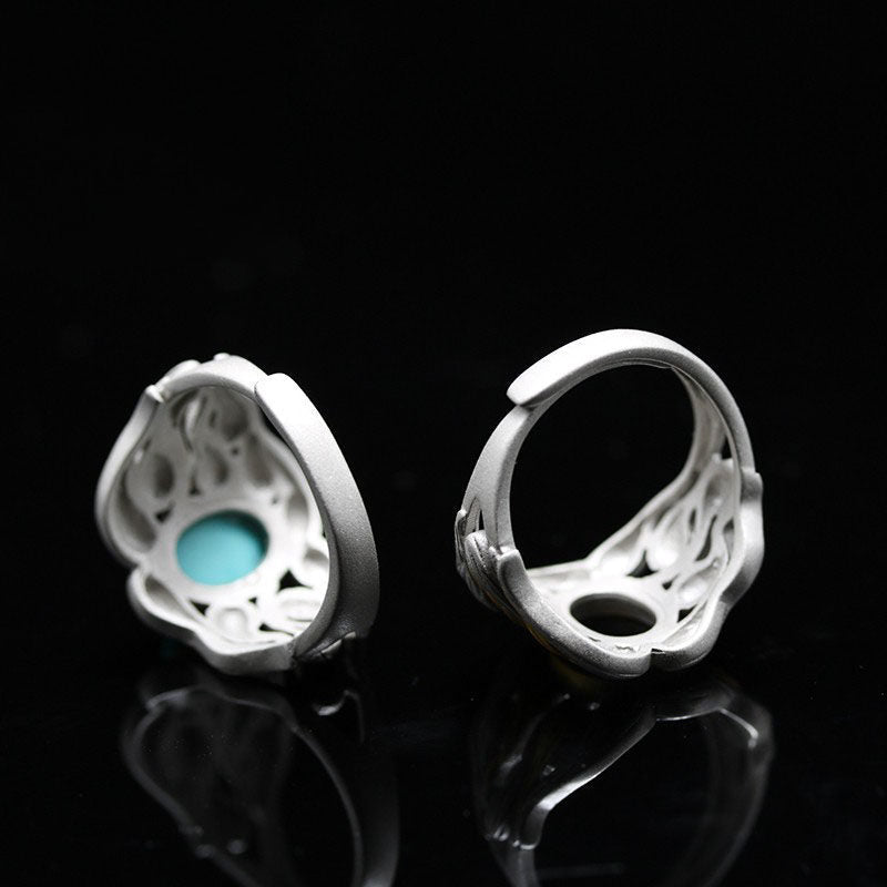 Oval Turquoise Copper Feather 925 Sterling Silver Ring