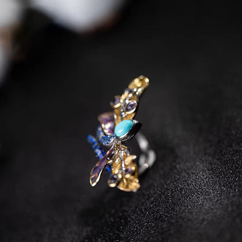 925 Sterling Silver Ring with Dragonfly and Multi Stone Accent