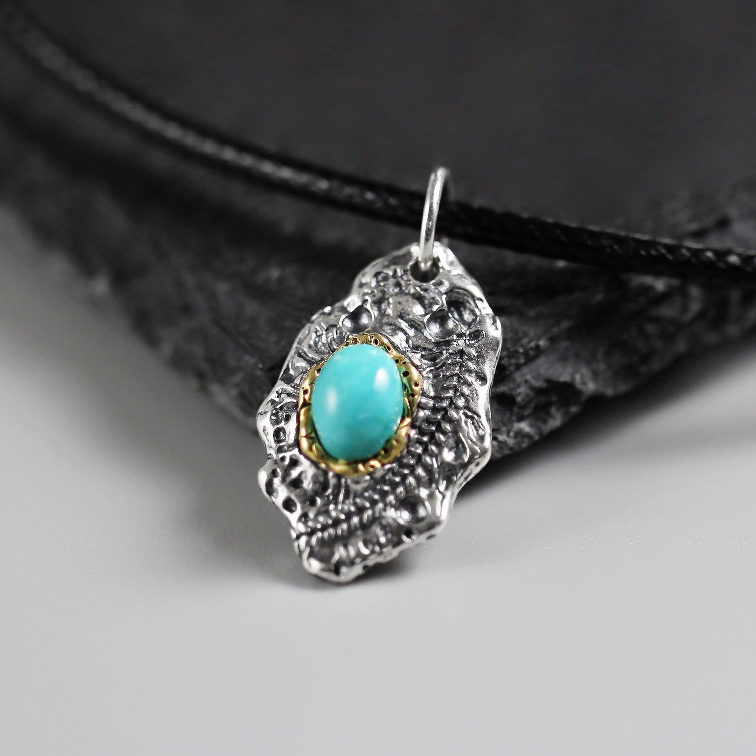 Two Tone Turquoise Cabochon 925 Sterling Silver Pendant