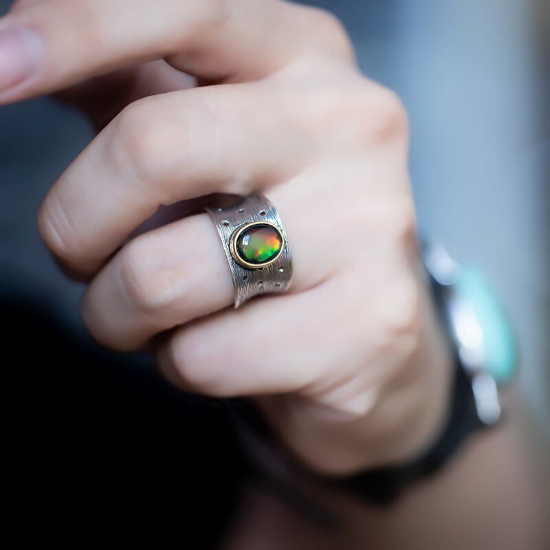 Oval Turquoise with Bark Texture 925 Sterling Silver Ring