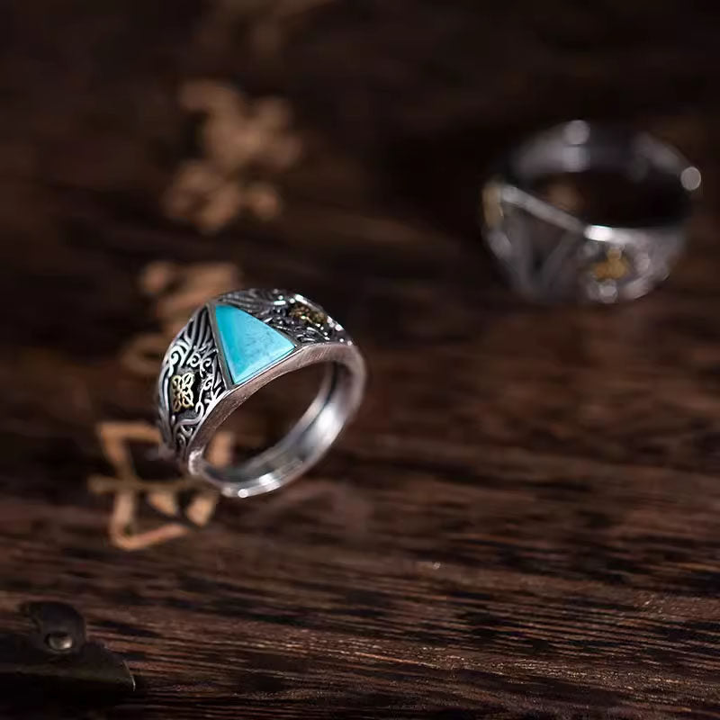 Floral Accent Two-Tone Turquoise Band 925 Sterling Silver Ring