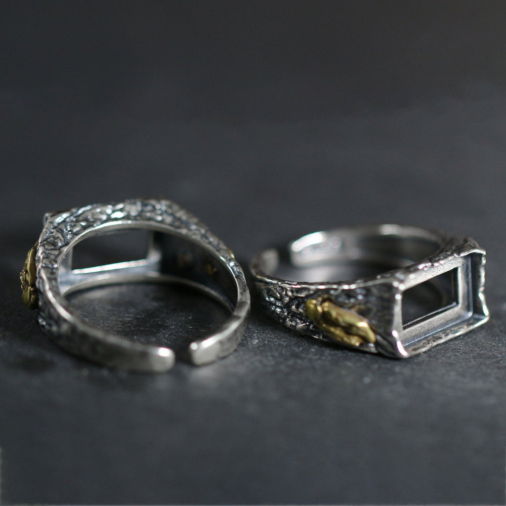 925 Sterling Silver Brass Accent Bark Texture Turquoise Ring