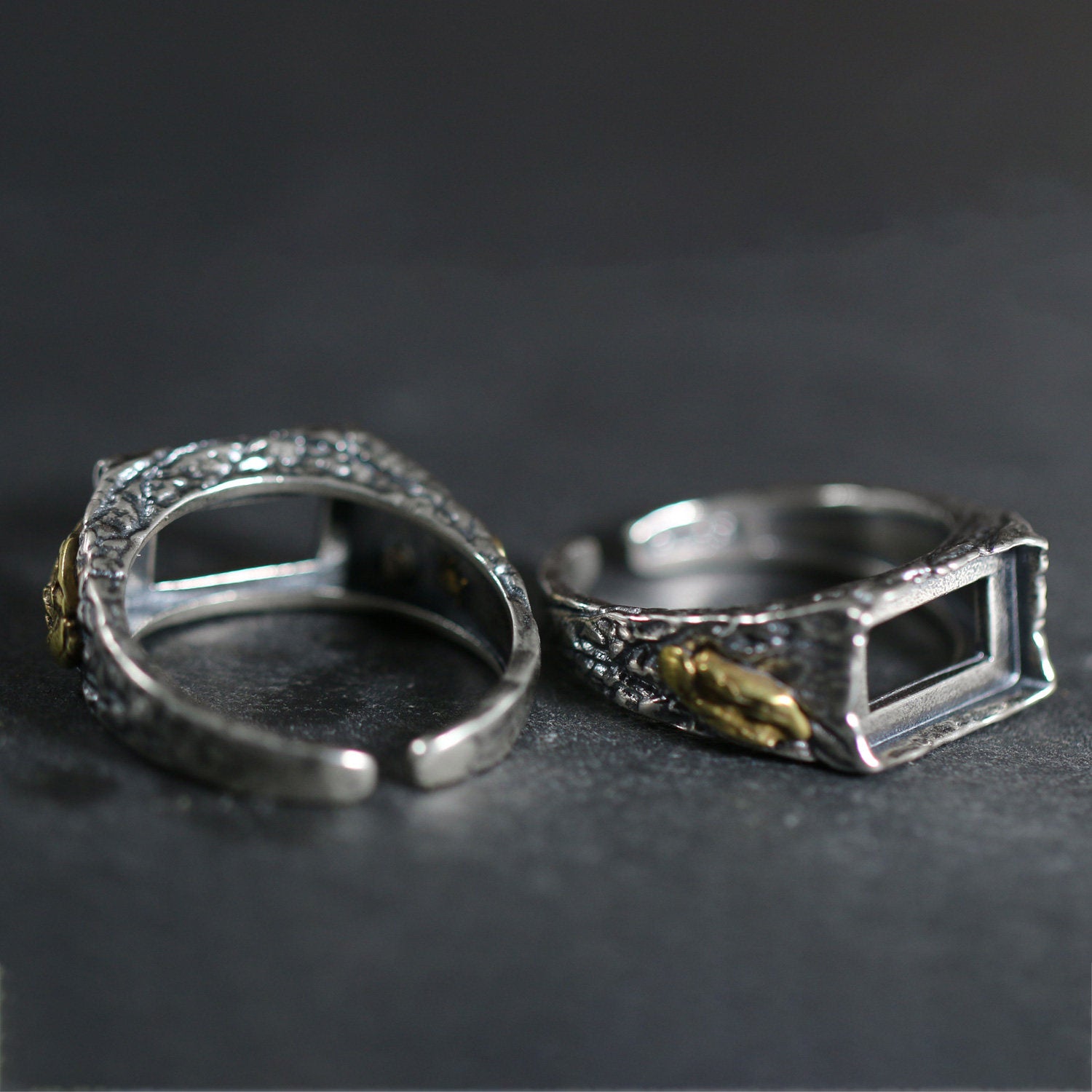 925 Sterling Silver Brass Accent Bark Texture Turquoise Ring