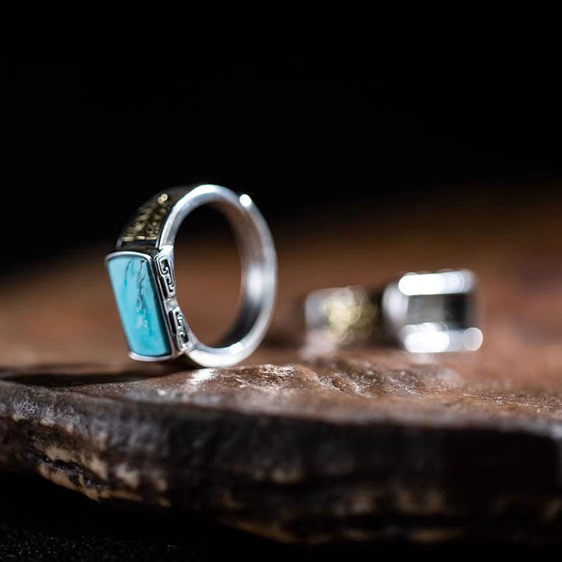 Rectangular Turquoise with Copper Totem Engraved Setting 925 Sterling Silver Ring