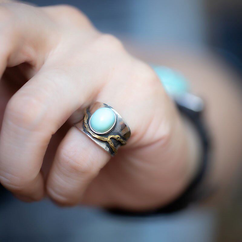 925 Sterling Silver Ring with Antiqued Organic Branch Turquoise Statement