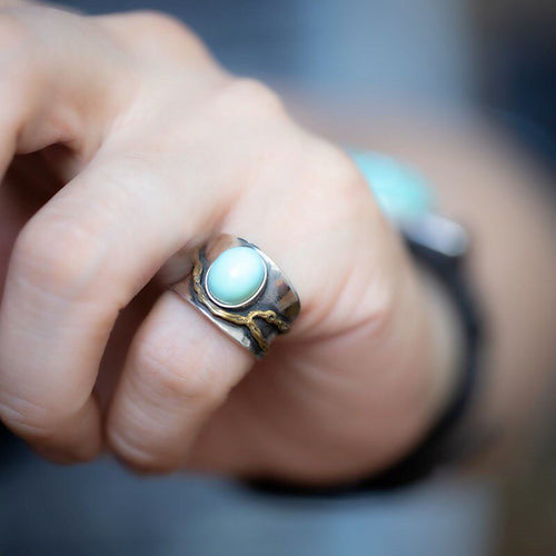 925 Sterling Silver Ring with Antiqued Organic Branch Turquoise Statement