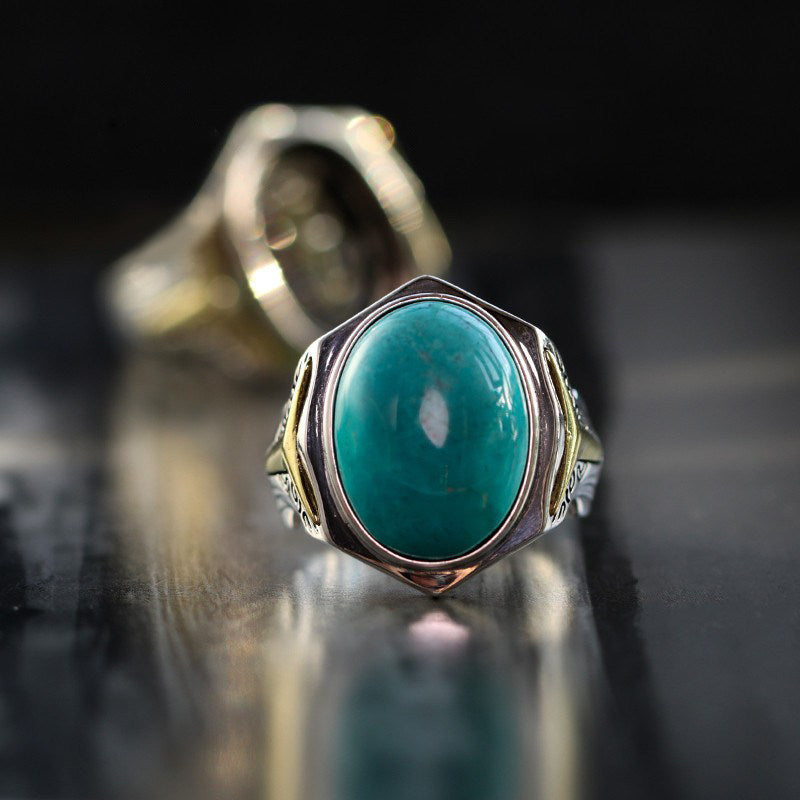 Natural Turquoise Statement Ring 925 Sterling Silver with Gold Triangle Accent
