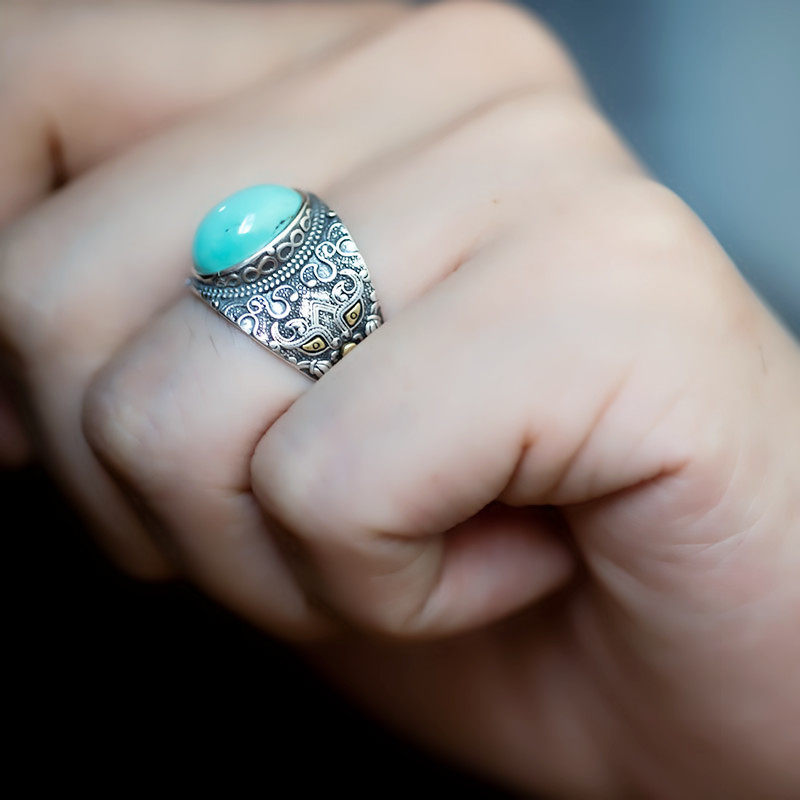 Retro Totem Turquoise Ring 925 Sterling Silver with Detailed Scrollwork