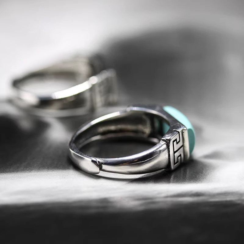 925 Sterling Silver Ring with Rectangular Turquoise and Greek Key