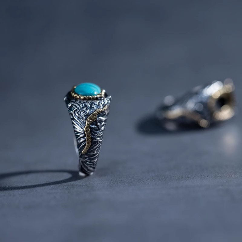 Vintage Engraved Turquoise Open Ring 925 Sterling Silver