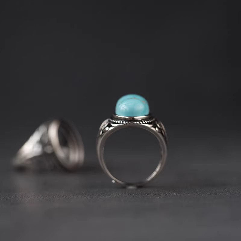 925 Sterling Silver Feather‑Leaf Turquoise Ring