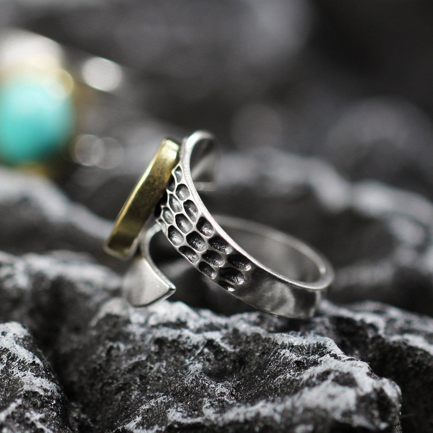 Brass Bezel Adjustable Turquoise Ring 925 Sterling Silver