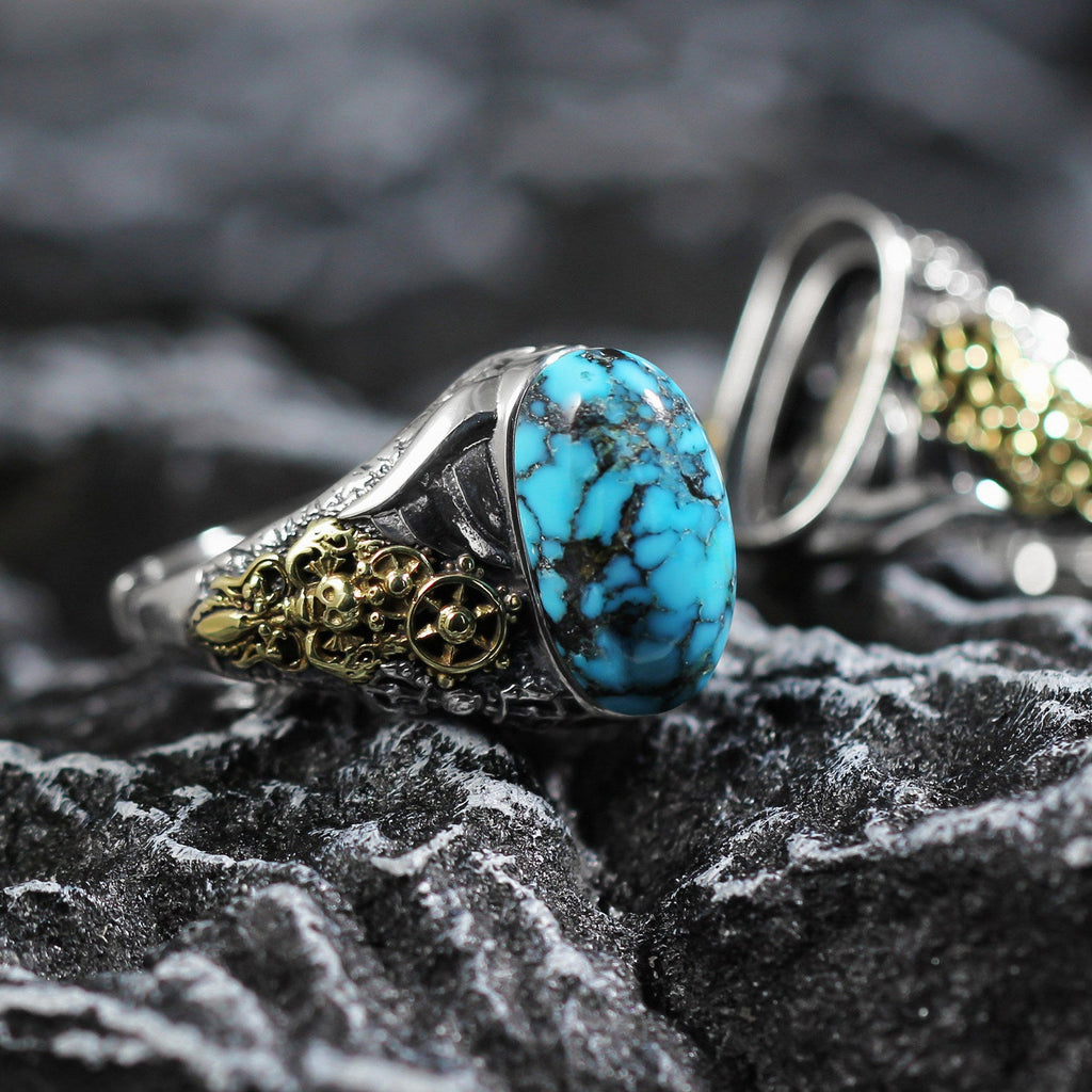 Steampunk Gear Turquoise Ring 925 Sterling Silver