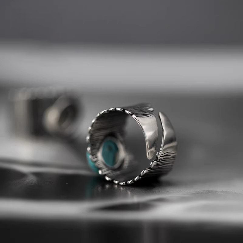 925 Sterling Silver Ring with Split-Band Fringe Adjustable Turquoise Open Ring