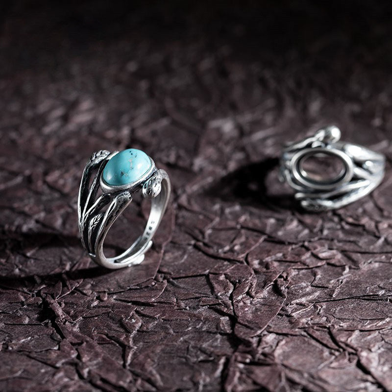 Natural Turquoise Twig Leaf Open Setting 925 Sterling Silver Ring