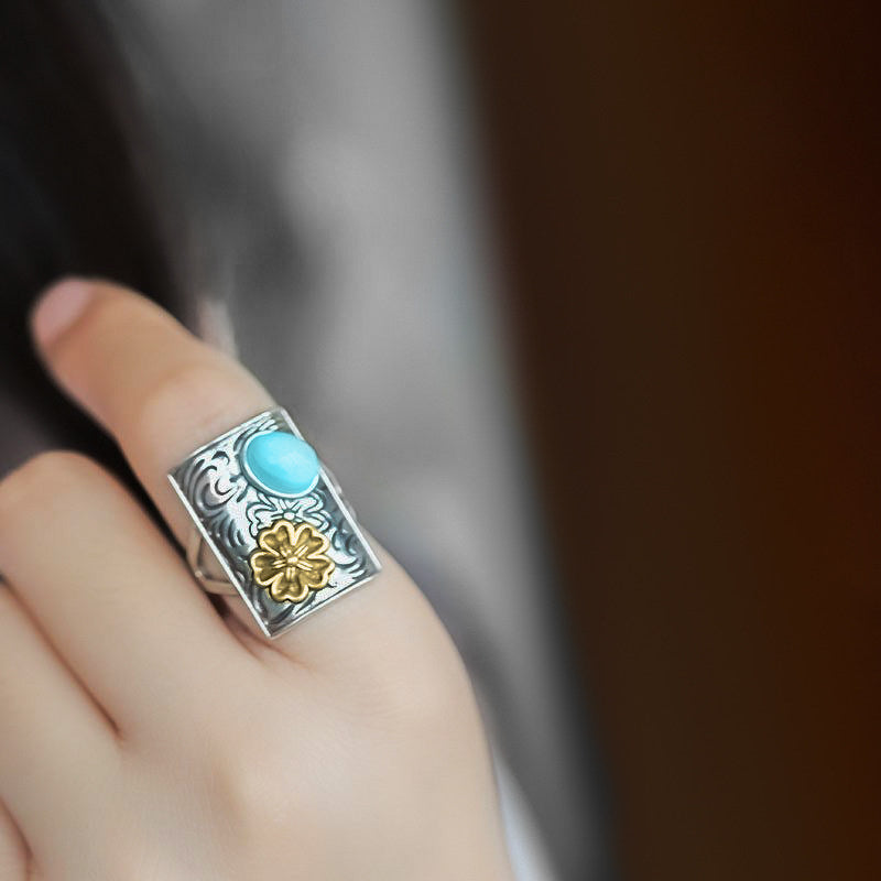 Antiqued Scrollwork Turquoise 925 Sterling Silver Ring