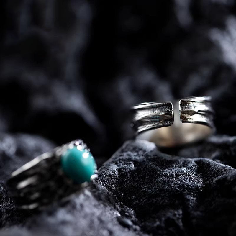 Natural Turquoise Tree Bark Texture 925 Sterling Silver Ring