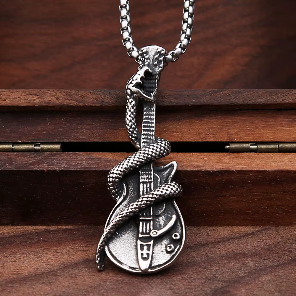 Snake Wrapped Electric Guitar Stainless Steel Pendant