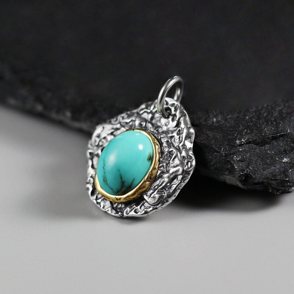 925 Sterling Silver Antiqued Hammered Turquoise Pendant