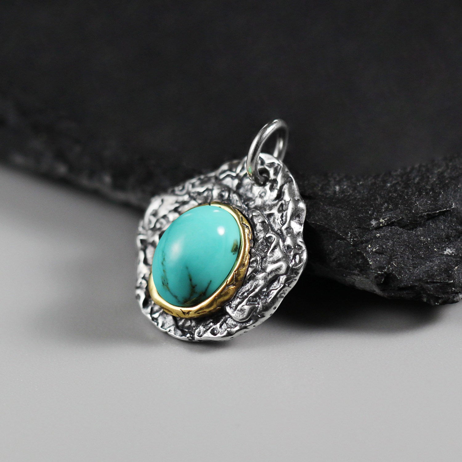 925 Sterling Silver Antiqued Hammered Turquoise Pendant