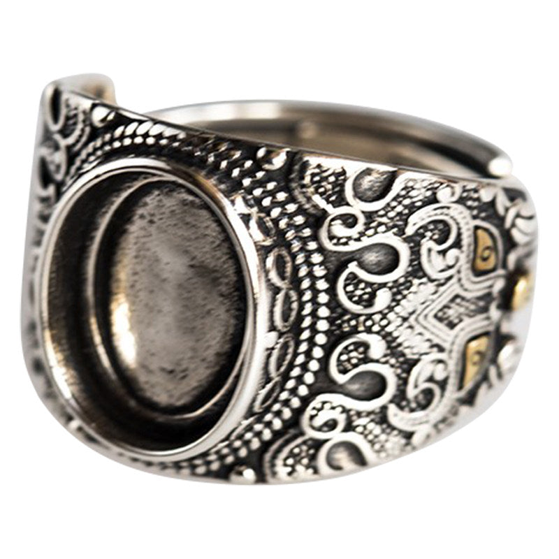 Retro Totem Turquoise Ring 925 Sterling Silver with Detailed Scrollwork