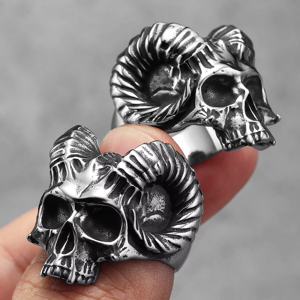 Satanic Ram Horn Skull Stainless Steel Statement Ring