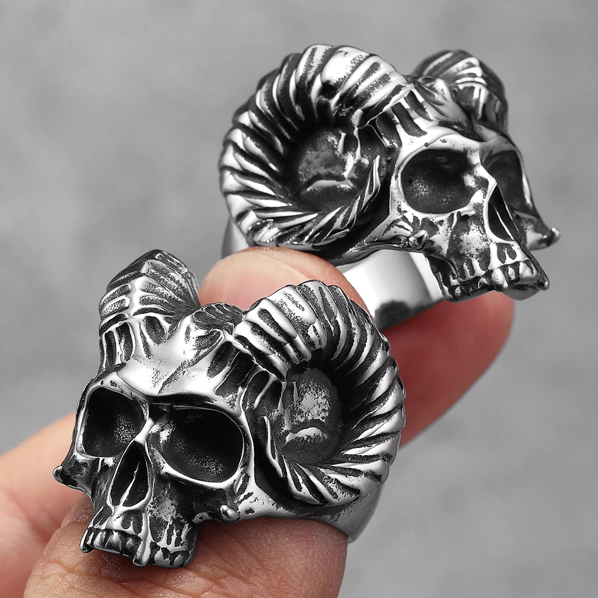 Satanic Ram Horn Skull Stainless Steel Statement Ring