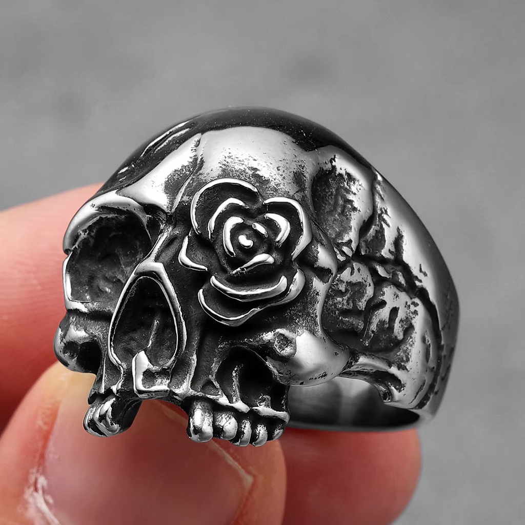 Dark Romantic Skull Rose Stainless Steel Gothic Ring