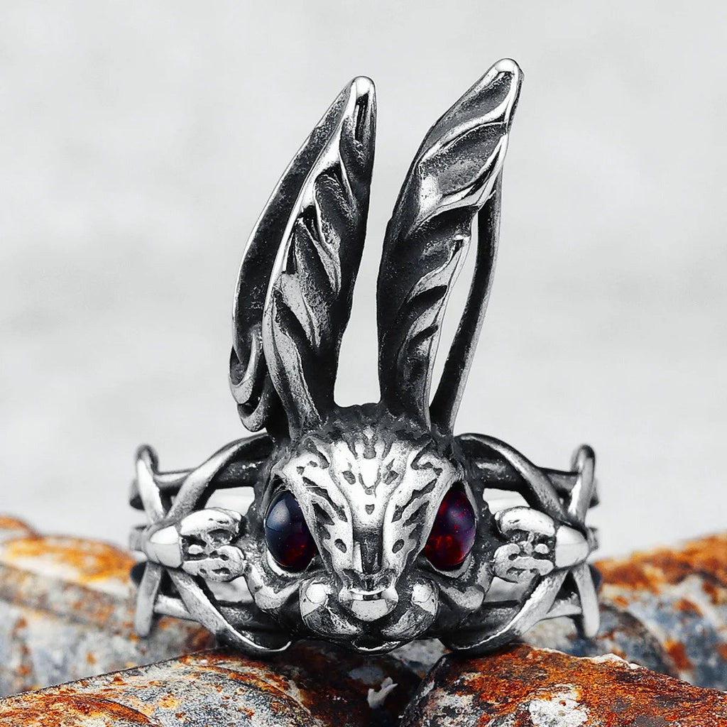 Gothic Red-Eyed Rabbit Vine Stainless Steel Ring