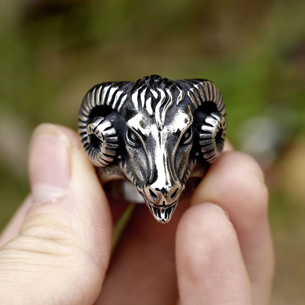 Vintage 3D Ram Head Stainless Steel Ring