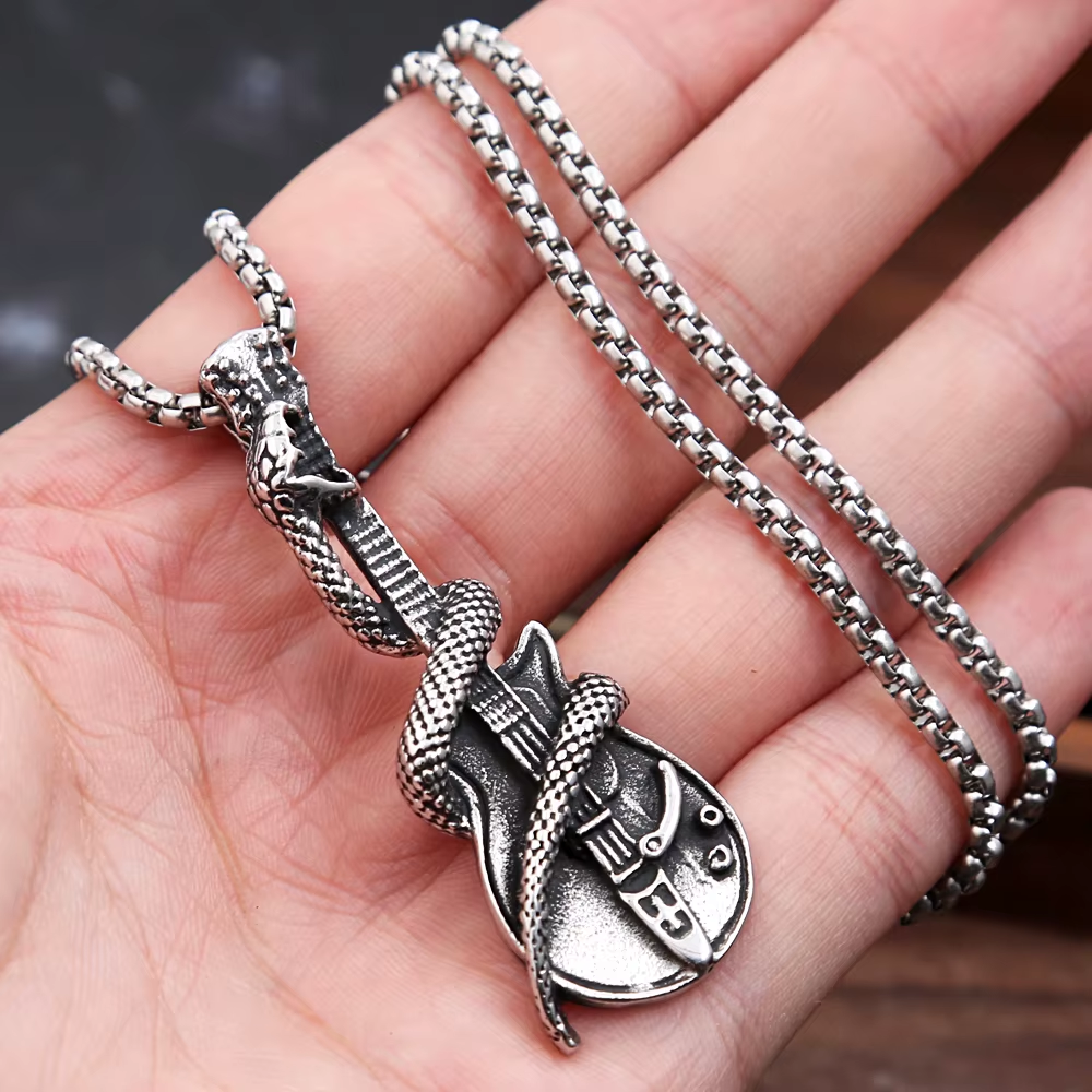 Snake Wrapped Electric Guitar Stainless Steel Pendant
